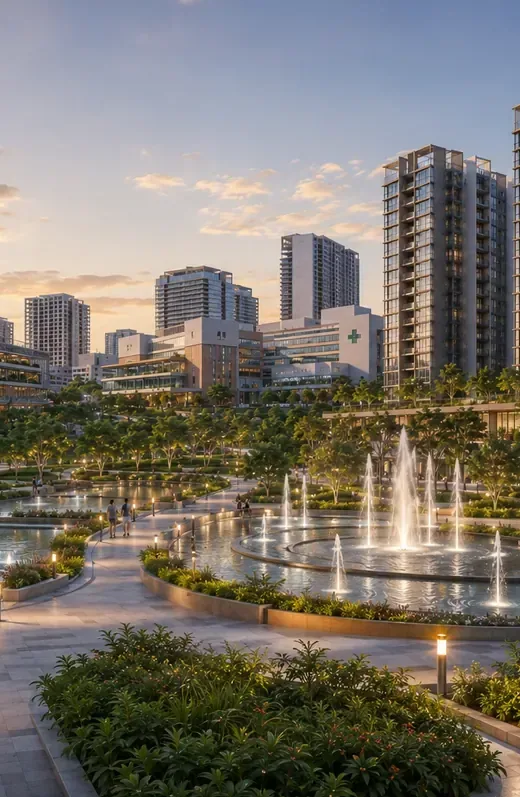 Artistic impression of a landscaped garden and fountain in Woodlands near Wynwood Grand EC