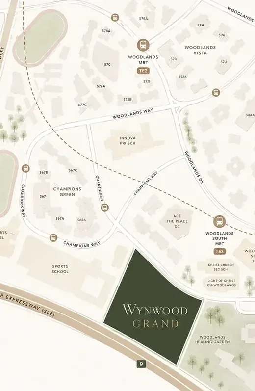 Illustrated location map of Wynwood Grand EC at Woodlands Drive 17 near the Seletar Expressway and Woodlands South MRT