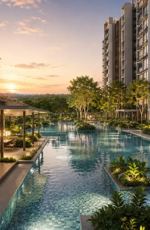 Artistic impression of a pool deck with cabanas at Wynwood Grand EC