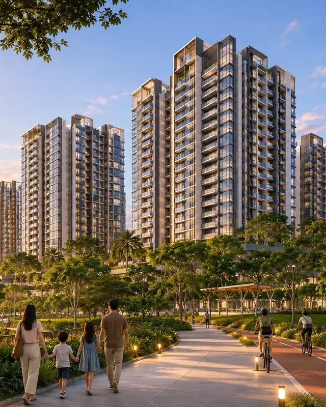 Artistic impression of Wynwood Grand EC towers beside a park path in Woodlands, framed in the leaf shape of the logo