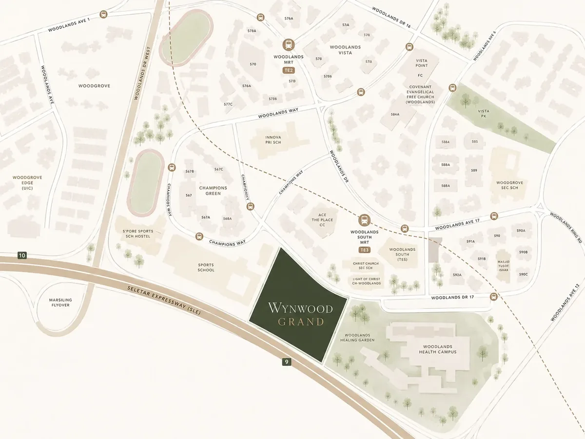 Location map of Wynwood Grand at Woodlands Drive 17 showing Woodlands South MRT (TE3), the Healing Garden, Woodlands Health Campus, Innova Primary School and the SLE